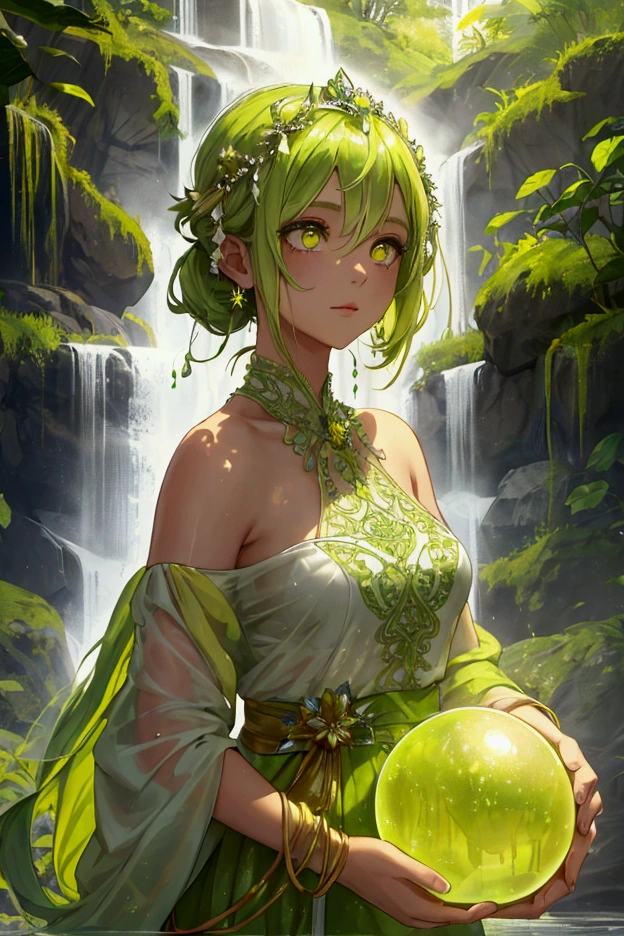 A girl covered in green mist and yellow mist, holding a water orb like ball dripping down, waterfall as the orb drips, yellow green highlight hair straight, white eyes, goddess like