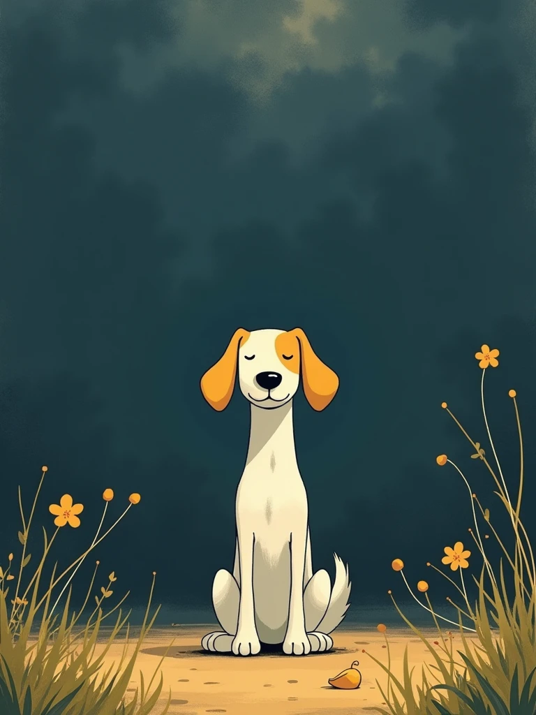 animation about a dog, in dark white and yellow style, minimalist design, realistic painted still lifes, Caricature innocence, dark blue and white sky