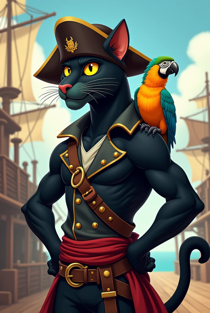 A pirate panther with a parrot on his shoulder in a retro animation style