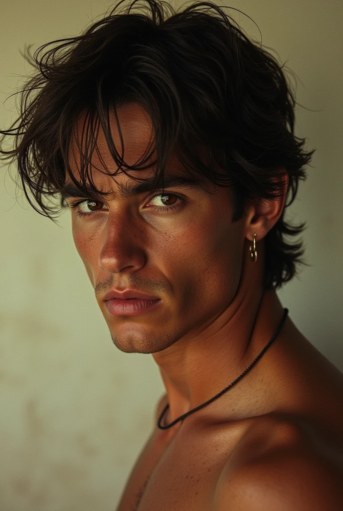 vhs cover slasher young man 1990 , tanned skin, ID Photo, Plain background, portrait photo, face and profile, all body ((Best quality)), ((masterpiece)), ((detailed))