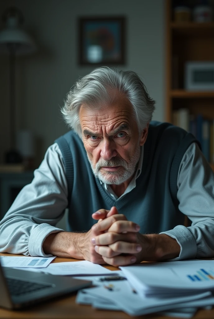 Create a human image of an elderly person frustrated because the value of his retirement pension was lower than he imagined