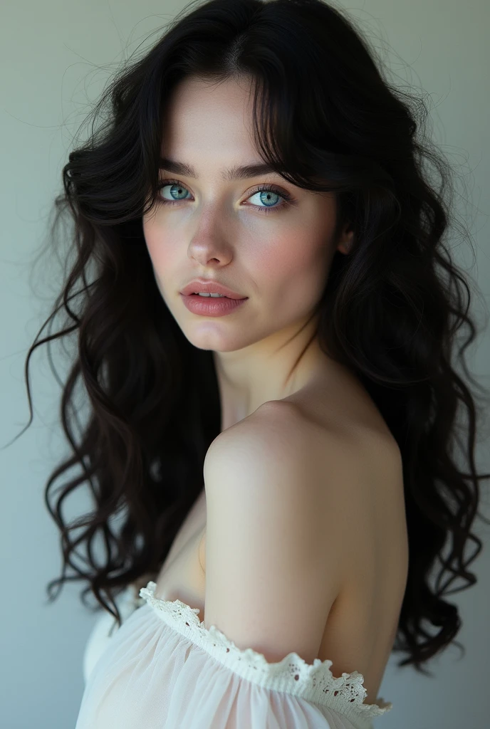 Pale skin model with blue eyes and black curly long hair. Full body