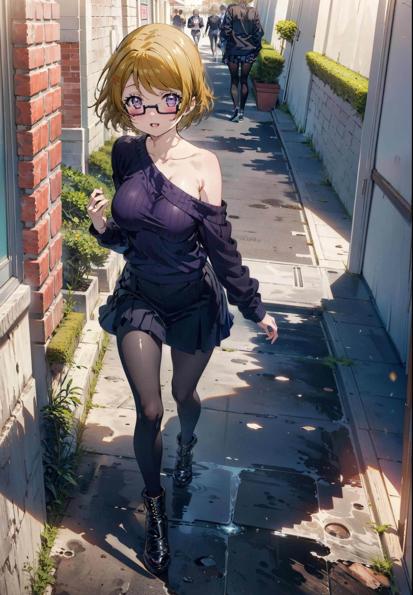 Hanayo Koizumi, hanayo　Koizumi, short hair, Brown Hair, Purple eyes,Big Breasts,Black-rimmed glasses,smile,Open your mouth,blush,Green one-shoulder sweater,mini skirt,Black pantyhose,short boots,Walking,morning,morning陽,The sun is rising,On the way to school,whole bodyがイラストに入るように,　　　　　　　　　　　　　　　　　　　　break looking at viewer, whole body,　　　　　　　　　　　　　　　　　　　break outdoors,University, School building,　　　　　　　　　　　　break (masterpiece:1.2), Highest quality, High resolution, unity 8k wallpaper, (shape:0.8), (Beautiful attention to detail:1.6), Highly detailed face, Perfect lighting, Highly detailed CG, (Perfect hands, Perfect Anatomy),