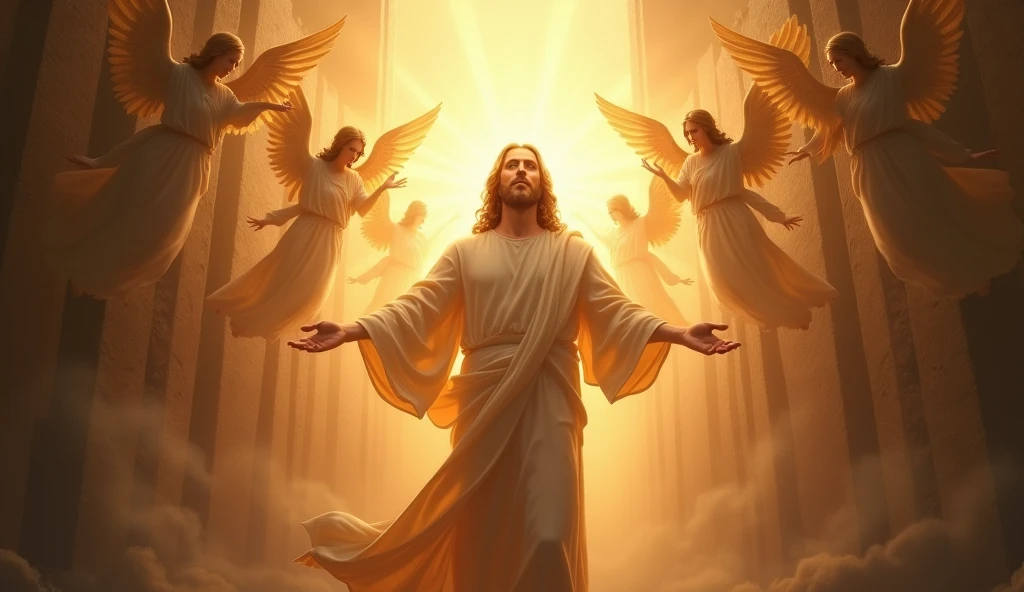 Create a deeply spiritual and powerful image depicting Jesus in connection with Psalm 91. Jesus should be portrayed as a protective and comforting figure, surrounded by divine light. The scene should incorporate elements from Psalm 91, such as a sense of refuge, safety, and divine protection. Include symbolic references like angels hovering around, a towering fortress in the background, or a shadowy figure of danger being kept at bay. The overall composition should evoke the themes of shelter, deliverance, and trust in God. Use warm, radiant light to emphasize the divine presence and create a serene yet powerful atmosphere, reflecting the promise of protection and salvation found in Psalm 91