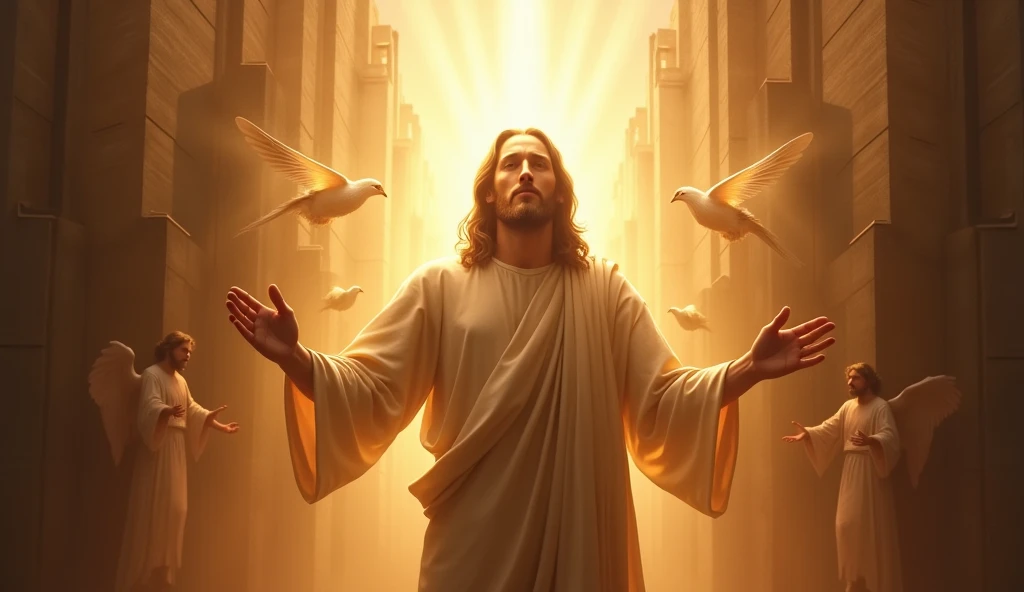 Create a deeply spiritual and powerful image depicting Jesus in connection with Psalm 91. Jesus should be portrayed as a protective and comforting figure, surrounded by divine light. The scene should incorporate elements from Psalm 91, such as a sense of refuge, safety, and divine protection. Include symbolic references like angels hovering around, a towering fortress in the background, or a shadowy figure of danger being kept at bay. The overall composition should evoke the themes of shelter, deliverance, and trust in God. Use warm, radiant light to emphasize the divine presence and create a serene yet powerful atmosphere, reflecting the promise of protection and salvation found in Psalm 91