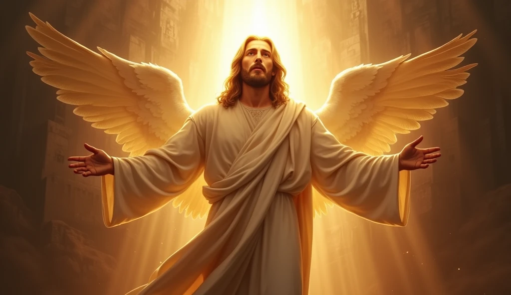 Create a deeply spiritual and powerful image depicting Jesus in connection with Psalm 91. Jesus should be portrayed as a protective and comforting figure, surrounded by divine light. The scene should incorporate elements from Psalm 91, such as a sense of refuge, safety, and divine protection. Include symbolic references like angels hovering around, a towering fortress in the background, or a shadowy figure of danger being kept at bay. The overall composition should evoke the themes of shelter, deliverance, and trust in God. Use warm, radiant light to emphasize the divine presence and create a serene yet powerful atmosphere, reflecting the promise of protection and salvation found in Psalm 91
