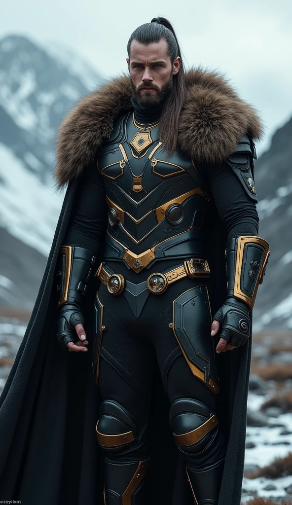 viking black jumpsuit, with an armor full of golden gadgets, with long hair and a ponytail, with a coat of fur
