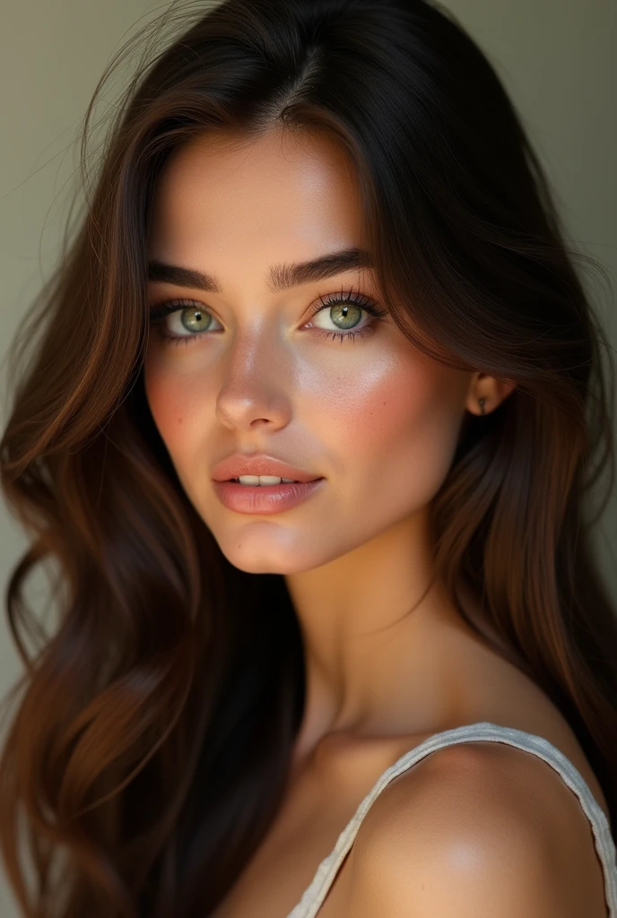 Femme brune , yeux vert  , cheveux long brun ondulé , origine italienne , portrait , avec un grain de beauté sur la joue 