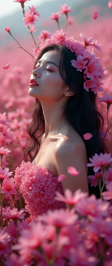 A surreal and captivating photograph of a woman with midnight black hair, standing amidst a mesmerizing field of vibrant pink irises. The flowers surround her, swirling and dancing in an enchanting vortex, their delicate petals caressing her bare skin. Her eyes are closed, lost in the blissful scent of the blooms that envelop her, creating a captivating fusion of natural beauty and feminine power. The irises radiate outward from her body, forming intricate, kaleidoscopic patterns that blur the line between reality and dreams. Petals float through the air like delicate butterflies, some catching in her hair and adorning her like a floral crown. In this surreal and almost psychedelic scene, the woman embodies the essence of the flowers themselves, a goddess rising from the depths of nature's vibrant wildlife photography, vibrant, photo, wildlife photography