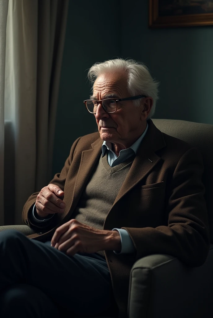 The same grandfather now sits in a chair talking something serious with his glasses while with his gestures he seems to be talking about something interesting and very serious.. It's still night.
