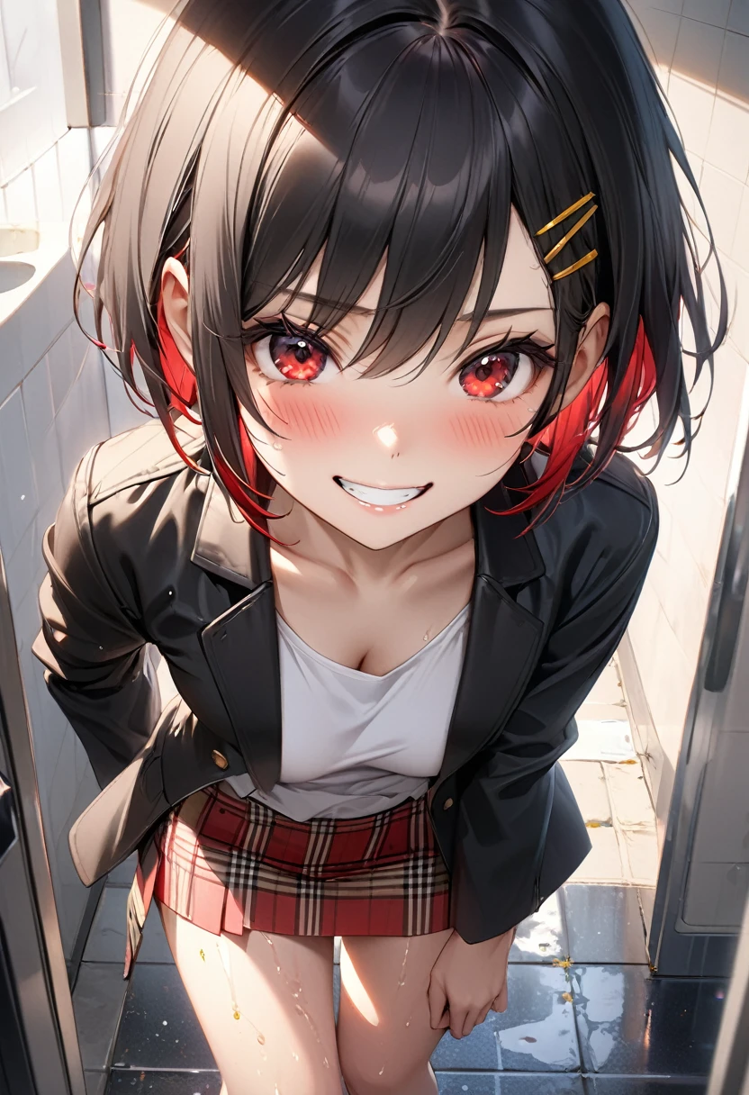 (8k, RAW Photos, Highest quality, masterpiece: 1.2), masterpiece, Super Detail,Best lighting, (Realistic and photorealistic photography: 1.4), High-resolution RAW color photos, Highly detailed mouth,1 young cute girl, Exposing the abdomen,Background Blur, blush, Depth of written boundary, Hair between the eyes,short hair,(red inner hair with yellow hairpin:1.2),(red eyes:1.3),(Oily skin:1.1), Embarrassed,(grin:1.2),Black Hair,in the messy Restroom,glitter skin,short,young,,medium breasts,Looking at viewer,black jacket,White red t shirt,Burberry chckered miniskirt,she is walking nearby us on the pavement and talk to us