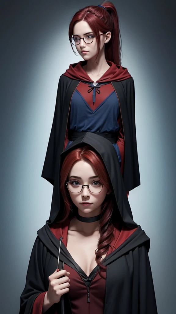 Nsfw, Hogwarts student, slim, thin half rimmed glasses, dark red hair, ponytail, black robe with blue accentsand hood,