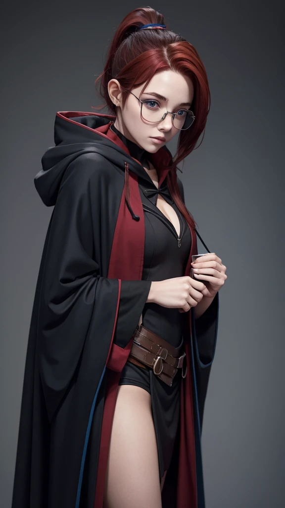 Nsfw, Hogwarts student, slim, thin half rimmed glasses, dark red hair, ponytail, black robe with blue accentsand hood,