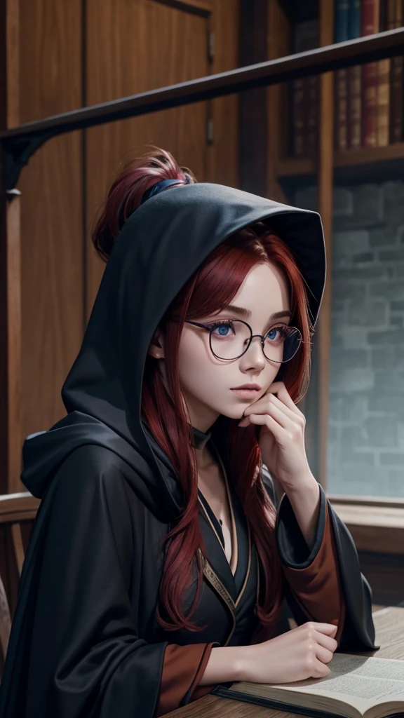 Nsfw, Hogwarts student, slim, thin half rimmed glasses, dark red hair, ponytail, black robe with blue accentsand hood,