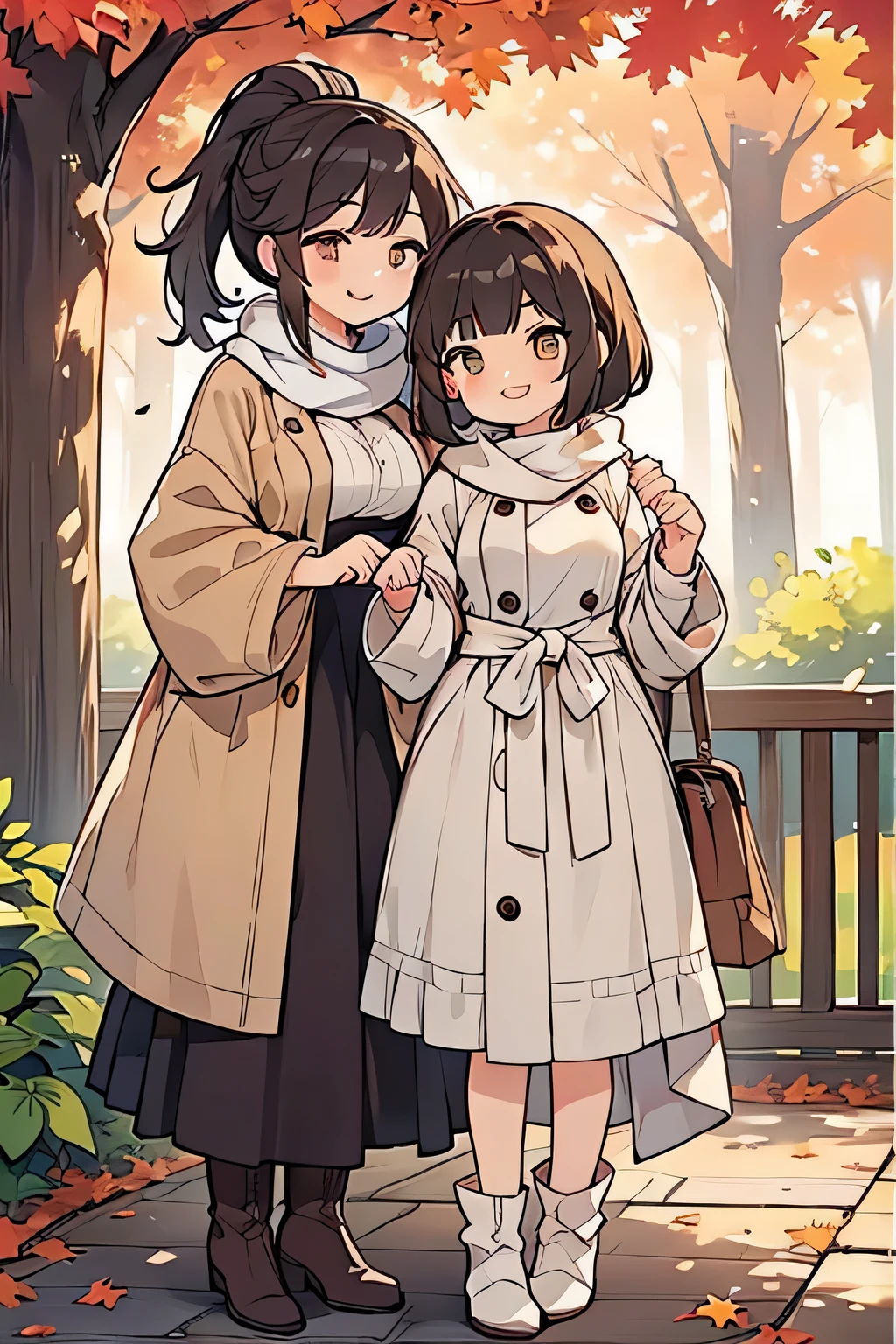 Highest quality、High resolution、Detailed Background、(Beautiful face in every detail:1.4)、Anatomically correct、Detailed facial expressions、Beautiful women in their 20s、(Huge breasts:1.2)、Perfect body line、Light color hair、ponytail、Braided bob cut、Cute hairstyle、well-groomed eyebrows、Cute Eye Makeup、Cute Lip Makeup、Cute gestures、Cowboy Shot、

(Two beautiful women with big smiles:1.5)、

As the cool autumn breeze blows、Pretty woman、Autumn leaves on wood々Standing against the backdrop of、
A soft mid-calf dress、Wearing a beige coat、Boots on your feet、A scarf is wrapped around the neck.、With both hands elegantly placed on the bag、wood々I am looking at the scenery dyed red and yellow.、
The woman&#39;s expression is calm and gentle.、It seems to blend into the autumn nature.、
As the sunlight shines softly、Women seem to be enjoying the tranquil atmosphere that is unique to this season to their heart&#39;s content.、
There、A woman feeling the comfortable arrival of autumn、An elegant and delicate appearance emerges.、very beautiful