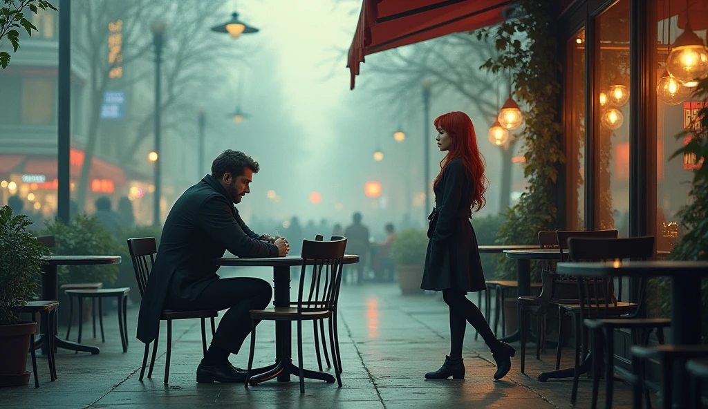 A city café terrace, man sitting lonely with the empty chair, and red hair woman stands, a soft impression, a sad scene,