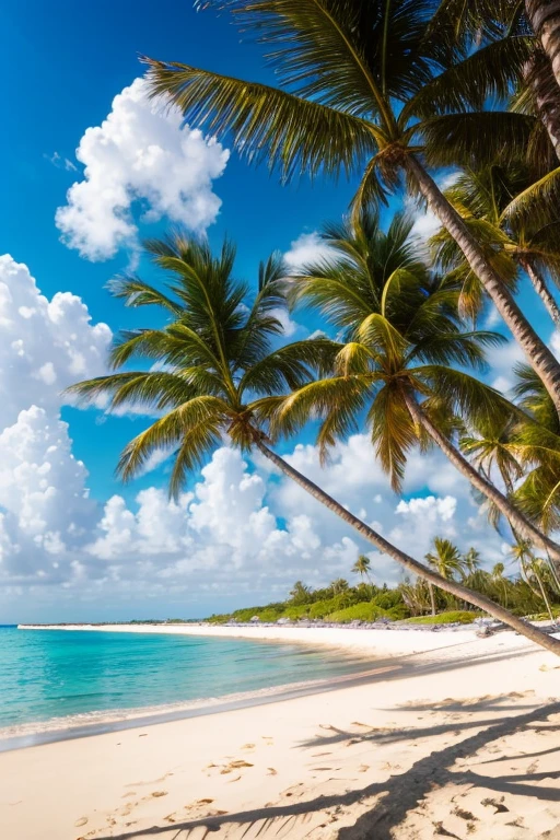 a beautiful tranquil beach, blue-violet sky, serene ocean waves, soft sandy beach, palm trees swaying in the breeze, golden sunlight, fluffy clouds, warm summer day, photorealistic, cinematic lighting, vibrant colors, highly detailed, masterpiece