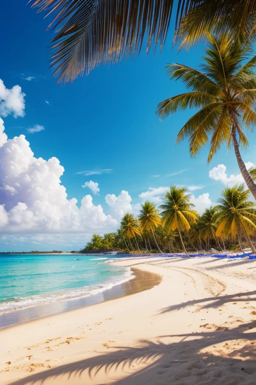 a beautiful tranquil beach, blue-violet sky, serene ocean waves, soft sandy beach, palm trees swaying in the breeze, golden sunlight, fluffy clouds, warm summer day, photorealistic, cinematic lighting, vibrant colors, highly detailed, masterpiece