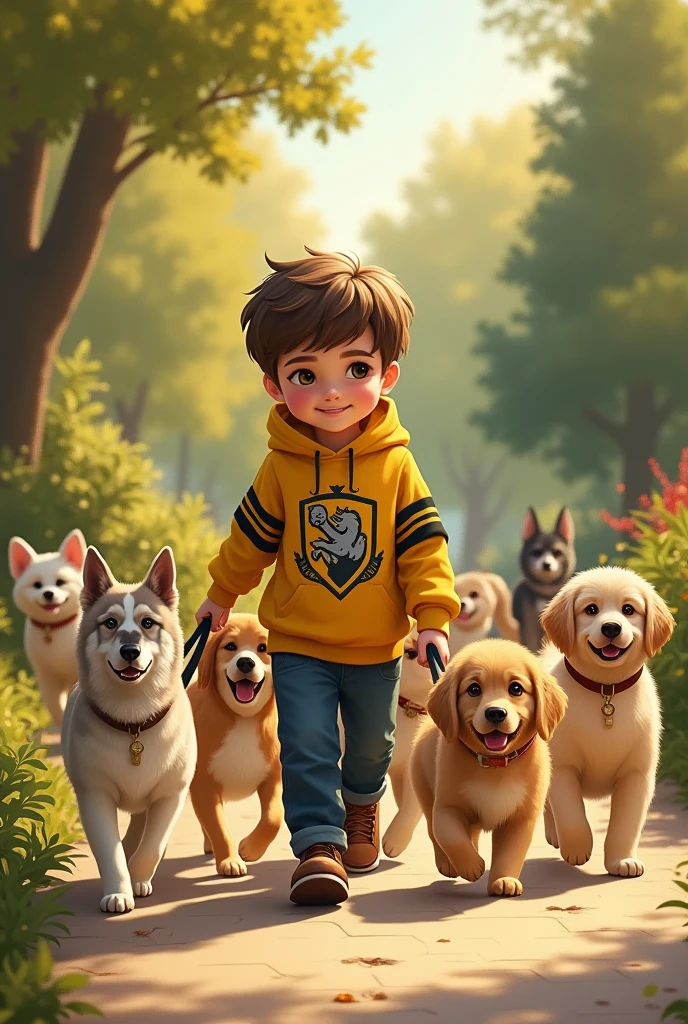 A boy in a Hufflepuff sweatshirt walking dogs 