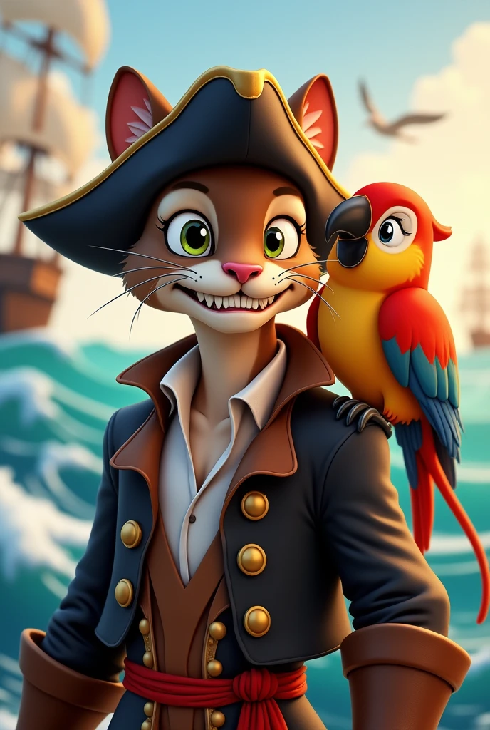 A pirate panther with a parrot on his shoulder with a more adorable animation style