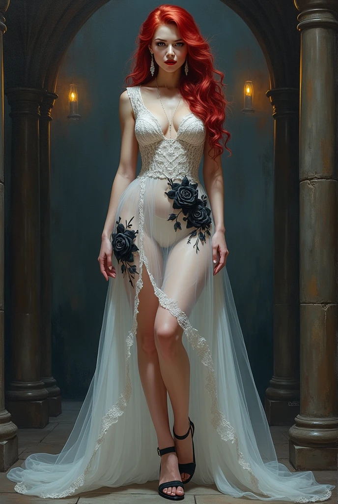 Oil Painting anime comic art, Clyde Caldwell art, of a female vampire, exquisite beauty, full body shot, dark glamour shot, busty, pale white skin, dark red hair, long hair, wavy hair, blood red lips, glowing grey eyes, she wears a (white lace dress: 1.3) exquisite, beautiful, half sheer dress, ((white lace: 1.5)) dress (intense details, Masterpiece, best quality: 1.5), the roses are imprinted on the dress (black: 1.4) high heells, dark castle