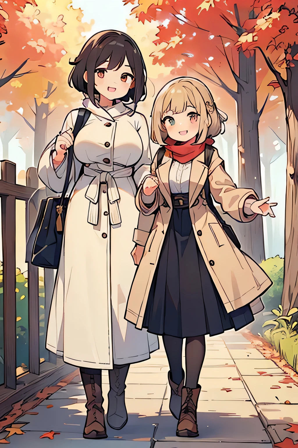 Highest quality、High resolution、Detailed Background、(Beautiful face in every detail:1.4)、Anatomically correct、Detailed facial expressions、Beautiful women in their 20s、(Huge breasts:1.2)、Perfect body line、Light color hair、ponytail、Braided bob cut、Cute hairstyle、well-groomed eyebrows、Cute Eye Makeup、Cute Lip Makeup、Cute gestures、Cowboy Shot、

(Two beautiful women with big smiles:1.5)、

As the cool autumn breeze blows、Pretty woman、Autumn leaves on wood々Standing against the backdrop of、
A soft mid-calf dress、Wearing a beige coat、Boots on your feet、A scarf is wrapped around the neck.、With both hands elegantly placed on the bag、wood々I am looking at the scenery dyed red and yellow.、
The woman&#39;s expression is calm and gentle.、It seems to blend into the autumn nature.、
As the sunlight shines softly、Women seem to be enjoying the tranquil atmosphere that is unique to this season to their heart&#39;s content.、
There、A woman feeling the comfortable arrival of autumn、An elegant and delicate appearance emerges.、very beautiful