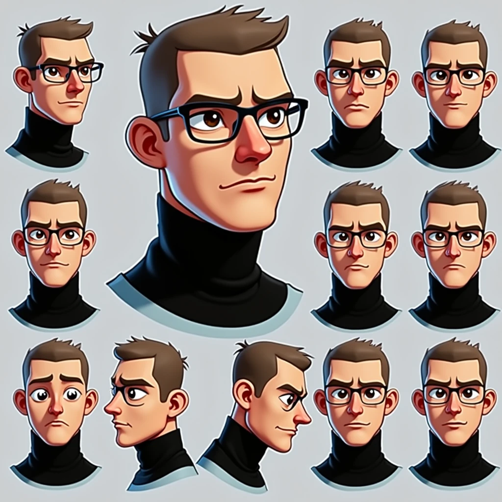 Character design, man with very short hair (buzz cut hair), brown eye color, wearing glasses (modern nerd), light blue t-shirt, HALF BODY, CARTOON STYLE, MINIMALIST STYLE, WHITE BACKGROUND, VARIOUS EMOTIONS, VARIOUS POSES ,