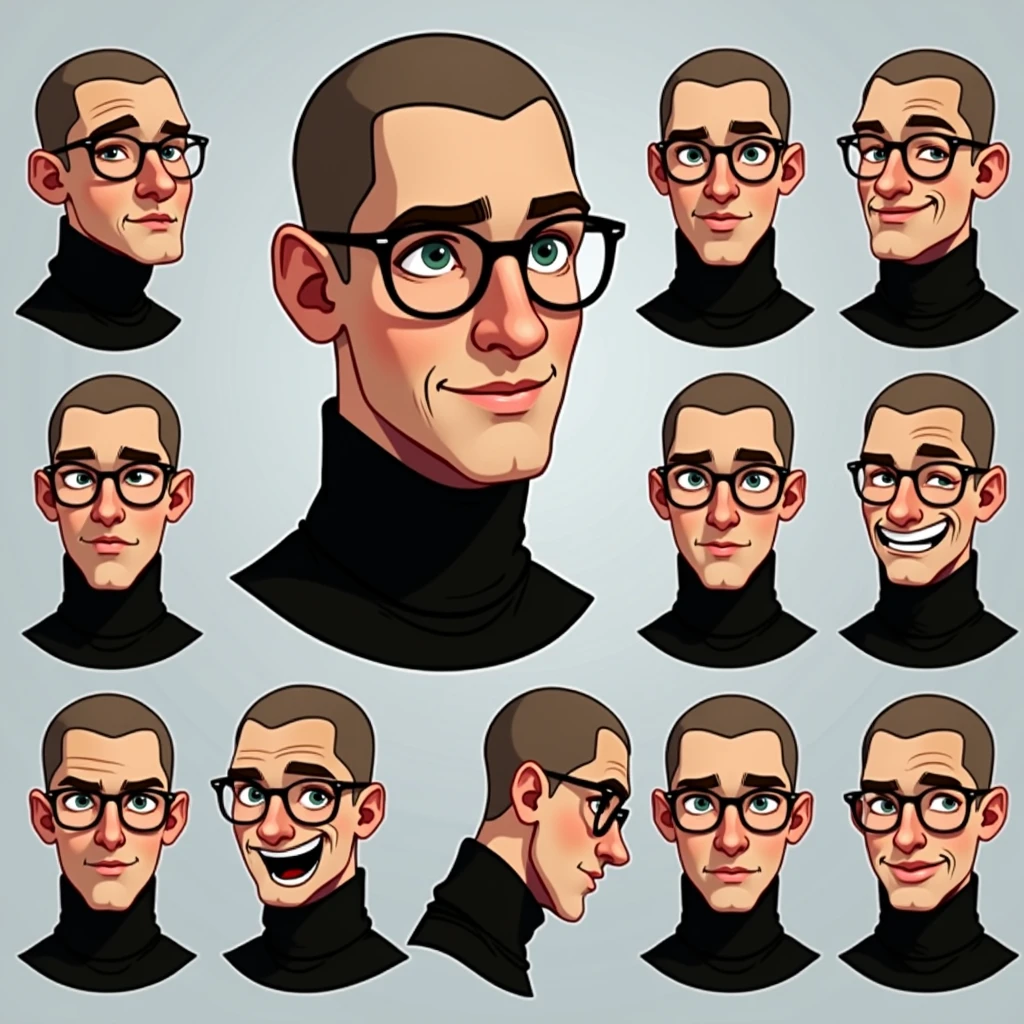 Character design, man with very short hair (buzz cut hair), brown eye color, wearing glasses (modern nerd), light blue t-shirt, HALF BODY, CARTOON STYLE, MINIMALIST STYLE, WHITE BACKGROUND, VARIOUS EMOTIONS, VARIOUS POSES ,