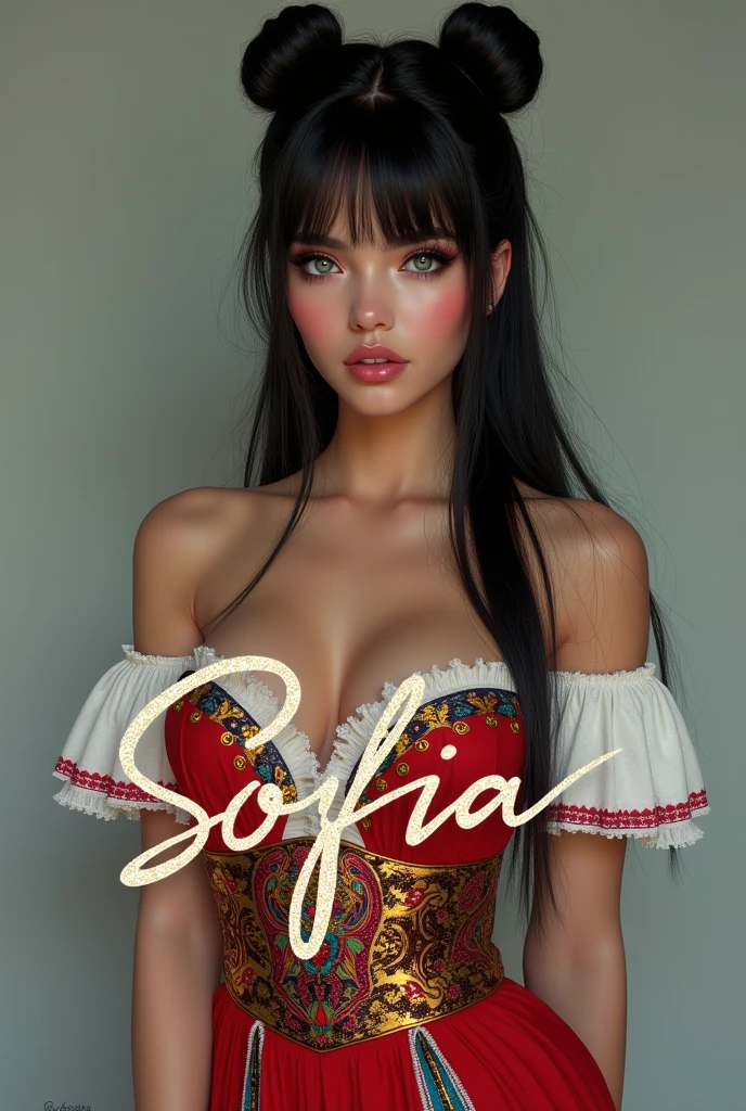 Mexican A beautiful pale-skinned Latina , eyes blue, full body, perfect body, two buns, straight bangs, (best quality,4k,8k,highres,masterpiece:1.2),ultra-detailed,(realistic,photorealistic,photo-realistic:1.37),HDR,UHD,studio lighting,ultra-fine painting,sharp focus,physically-based rendering,extreme detail description,professional,vivid colors,bokeh,portraiture,glamour,sensual,alluring,wear mexi, in style of Retna, full body, write the name Sofia with glitter
