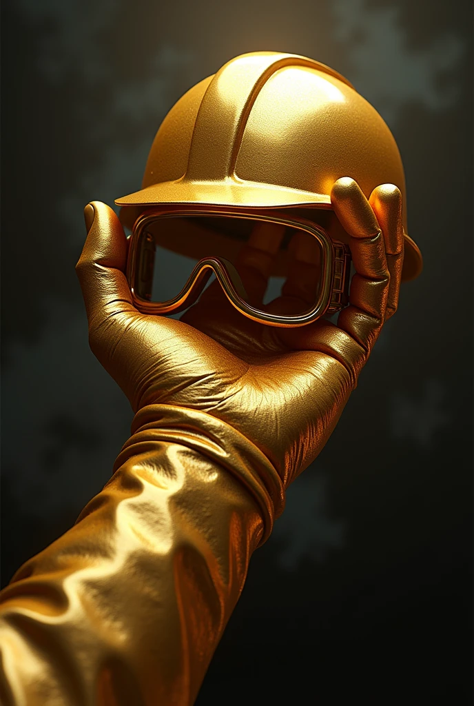 Gold covered hand holding safety equipment as glove, helmet, glasses and black boots