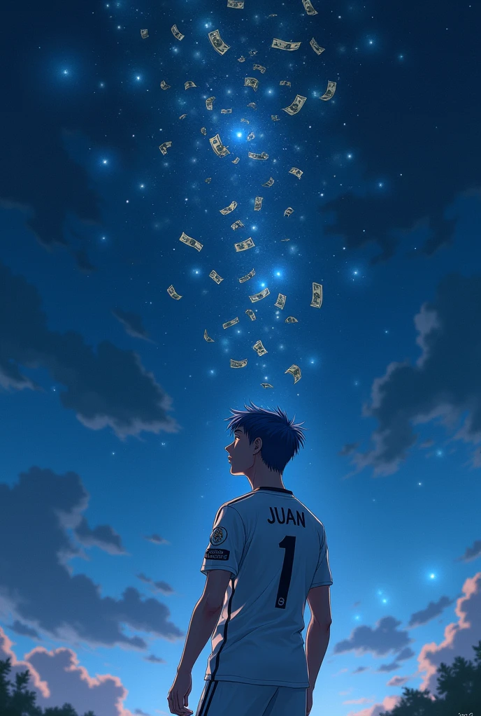 generate an image in which a young man with thin and pretty face features looking at the stars, in the sky there has to be a very beautiful sky with many stars, the young man has to have blue hair and his body has to be normal with a normal physique has to have the uniform of Real Madrid and has to be on his back the young man, the shirt has to have the number 1 and say JUAN, there has to be in the sky a lot of money. give me the size of the fotyo to be all in whatsaap profile and not half.