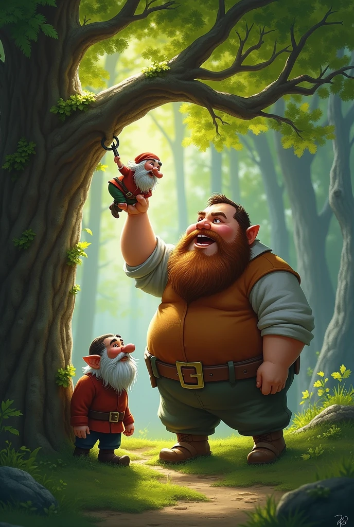 Fat man helping a dwarf get down from a tree