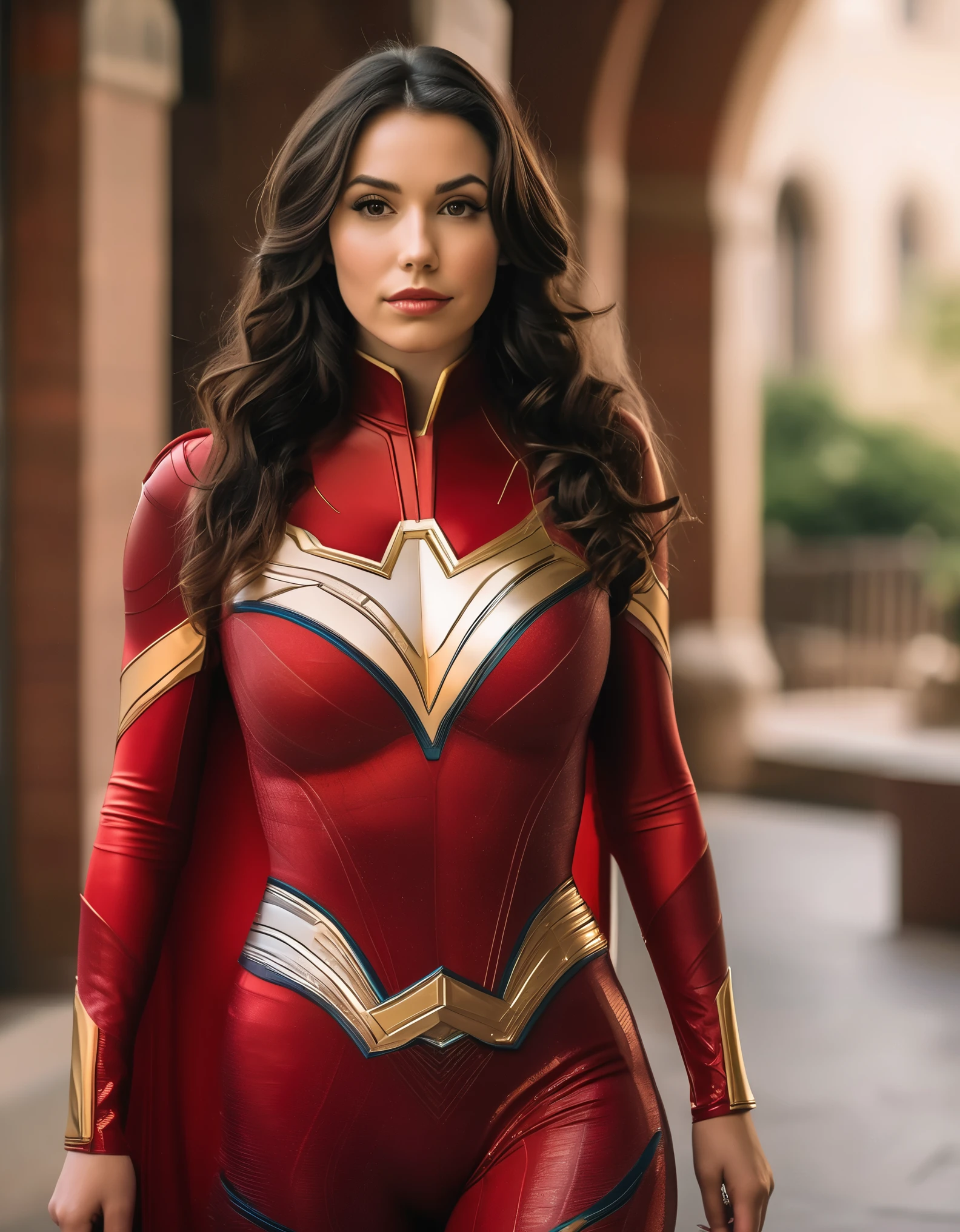 professional portrait photo of Grccrlncrry woman, looking at the camera, Busty outfit and skin tight costume. Curvaceous figure, large breasts, perfect body, perfect proportions, beautiful face. highly detailed, skin texture, cosplaying as Mary Marvel of the DC universe of comics.