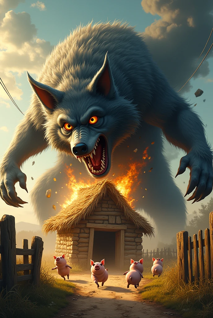 big bad wolf blowing down the three little pigs' house