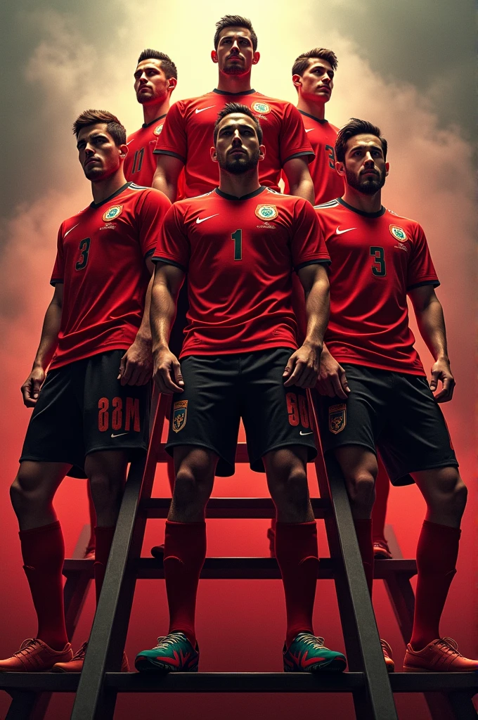The current Flamengo teams on a ladder on top of each other, all looking forward, showing their ferocity and greatness.