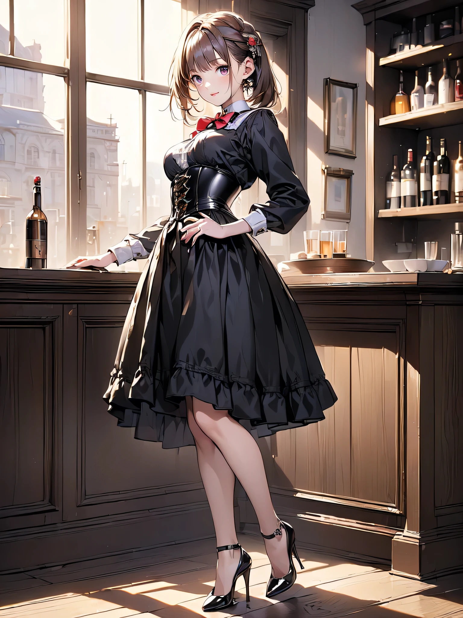 (masterpiece, best quality, highest quality, Masterpiece, 8k:1.5), (kawaii:1.2), (Full Body Shot,Including face,1girl,Focus on the face,Symmetrical facial features), Beautiful woman, (slender), ((High heels)), Detailed depiction of the face, Black Eyes,Cafe,bar, (Red checked skirt,corset,clerk,uniform),Inside the store,Window Cleaning, (multiple:-1.2),