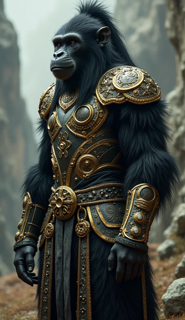 viking black monkey animal, with an armor full of golden gadgets, with long hair and a ponytail, with a coat of fur