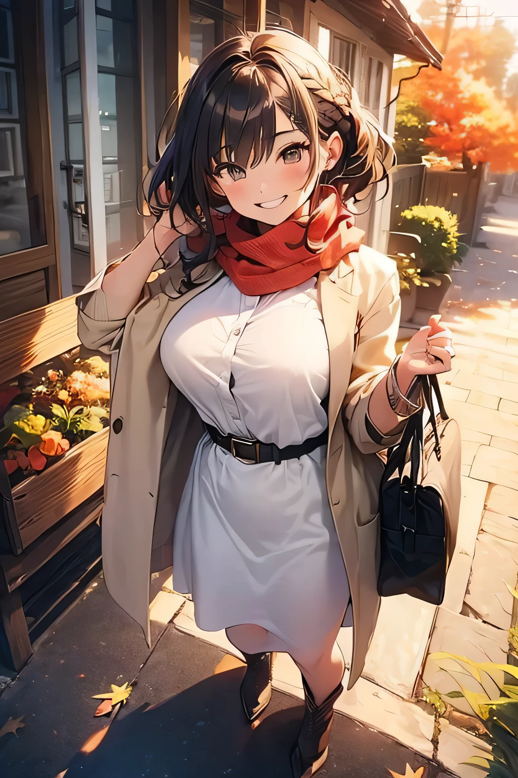 Highest quality、High resolution、Detailed Background、(Beautiful face in every detail:1.4)、Anatomically correct、Detailed facial expressions、Beautiful women in their 20s、(Huge breasts:1.2)、Perfect body line、Light color hair、ponytail、Braided bob cut、Cute hairstyle、well-groomed eyebrows、Cute Eye Makeup、Cute Lip Makeup、Cute gestures、Cowboy Shot、

(Two beautiful women with big smiles:1.5)、

As the cool autumn breeze blows、Pretty woman、Autumn leaves on wood々Standing against the backdrop of、
A soft mid-calf dress、Wearing a beige coat、Boots on your feet、A scarf is wrapped around the neck.、With both hands elegantly placed on the bag、wood々I am looking at the scenery dyed red and yellow.、
The woman&#39;s expression is calm and gentle.、It seems to blend into the autumn nature.、
As the sunlight shines softly、Women seem to be enjoying the tranquil atmosphere that is unique to this season to their heart&#39;s content.、
There、A woman feeling the comfortable arrival of autumn、An elegant and delicate appearance emerges.、very beautiful