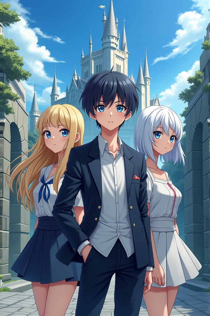 There's a 14-year-old anime guy with black hair and blue eyes i clothes and he's going to be in the middle and on the side there's going to be a girl with blue eyes and blonde hair and another one with white hair on the other side but from the medieval era with a castle behind him but the castle has to be close and it has to be from an anime it has to be cool as it can't be anime school styles