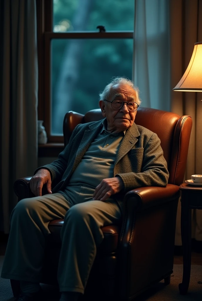 The same grandfather now sits in a chair talking something nostalgic with his glasses on while he seems to be talking about his fiancée and lover. It's still night.