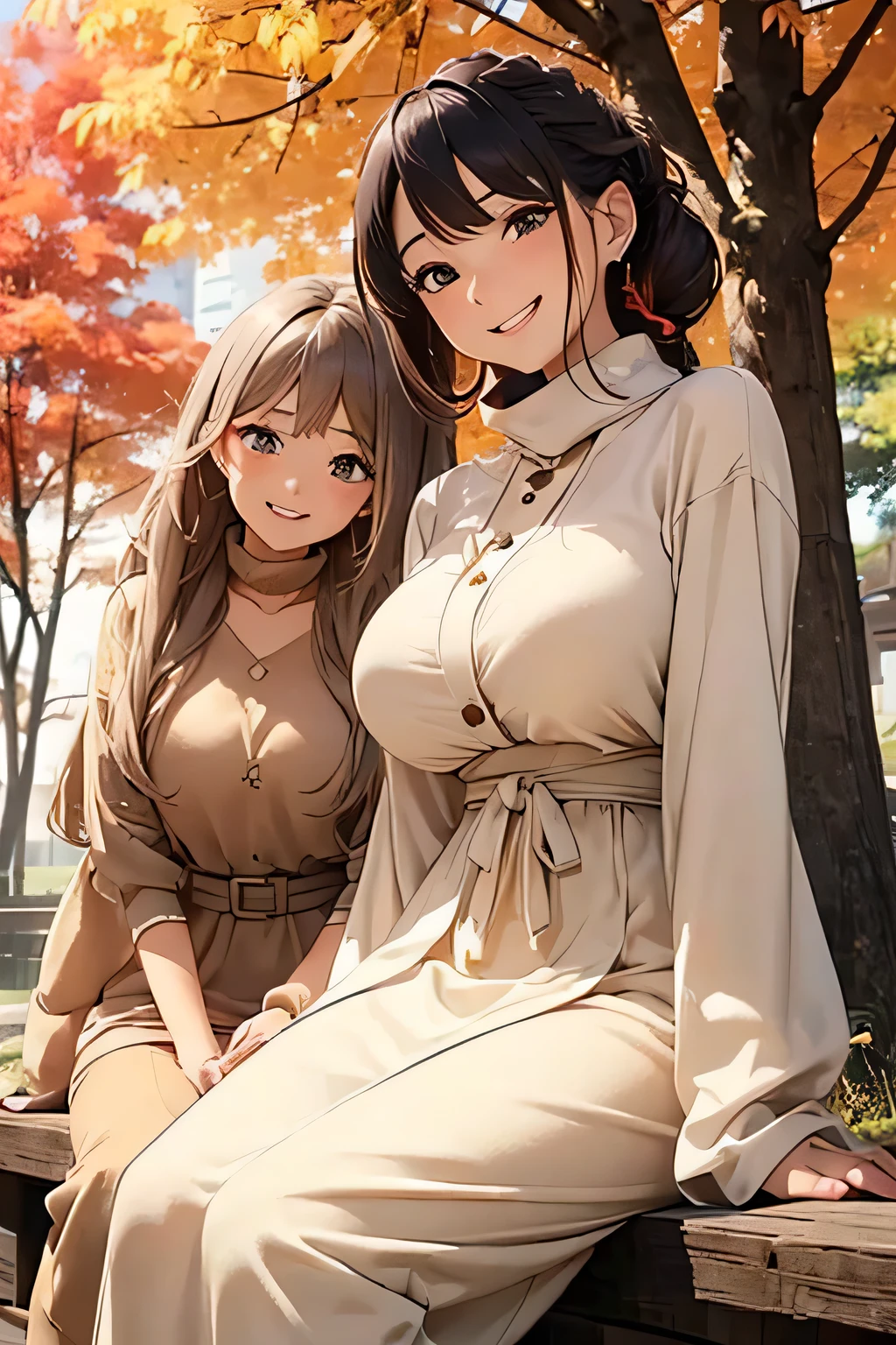 Highest quality、High resolution、Detailed Background、(Beautiful face in every detail:1.4)、Anatomically correct、Detailed facial expressions、Beautiful women in their 20s、(Huge breasts:1.2)、Perfect body line、Light color hair、ponytail、Braided bob cut、Cute hairstyle、well-groomed eyebrows、Cute Eye Makeup、Cute Lip Makeup、Cute gestures、Cowboy Shot、

(Two beautiful women with big smiles:1.5)、

As the cool autumn breeze blows、Pretty woman、Autumn leaves on wood々Standing against the backdrop of、
A soft mid-calf dress、Wearing a beige coat、Boots on your feet、A scarf is wrapped around the neck.、With both hands elegantly placed on the bag、wood々I am looking at the scenery dyed red and yellow.、
The woman&#39;s expression is calm and gentle.、It seems to blend into the autumn nature.、
As the sunlight shines softly、Women seem to be enjoying the tranquil atmosphere that is unique to this season to their heart&#39;s content.、
There、A woman feeling the comfortable arrival of autumn、An elegant and delicate appearance emerges.、very beautiful
