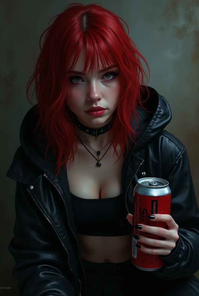 girl red hair, dark clothes, black painted nails, a drink can in her hand, dark background emo.