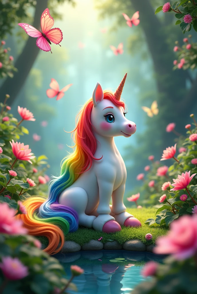 Rainbow hair unicorn sitting in a fantasy garden with lots of cute pink butterflies unicorn horse with one horn a unicorn