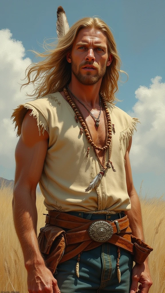 ((A Western Scene from the 1870, Realistic oil painting , portrait of Byron Sully the mountain man from dr Quinn, striking resemblance with Joe Lando 3. he wears Indian leather cream tunic with sleeveless torn edges, a brown leather belt and a hatchet, a long necklace of round and long beads with a feather, he have long blond wavy hair and blue eyes.)) His hair gently flutters in the wind. Painting, artstation, concept art, smooth, sharp focus, illustration, cinematic perfect light, masterpiece, ((inpired by Carne Griffiths and Wadim Kashin)) detailed illustration of an outstanding mysterious touch. (In the style of, dr quinn) (--hd, western art), remove blur