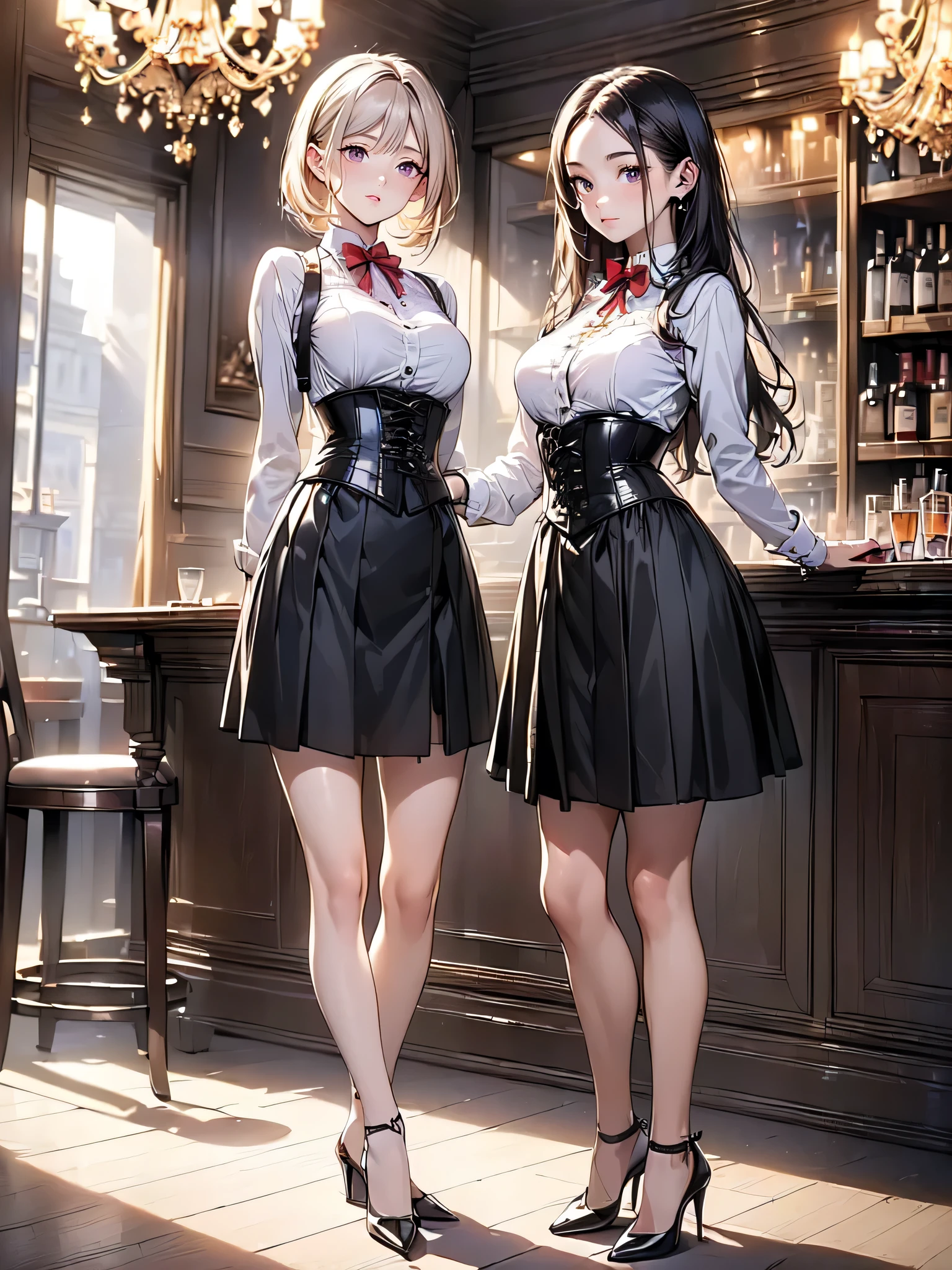 (masterpiece, best quality, highest quality, Masterpiece, 8k:1.5), (kawaii:1.2), (Full Body Shot,Including face,1girl,Focus on the face,Symmetrical facial features), Beautiful woman, (slender), ((High heels)), Detailed depiction of the face, Black Eyes,Cafe,bar, (Red checked skirt,corset,clerk,uniform),Inside the store,Window Cleaning, (multiple:-1.2),