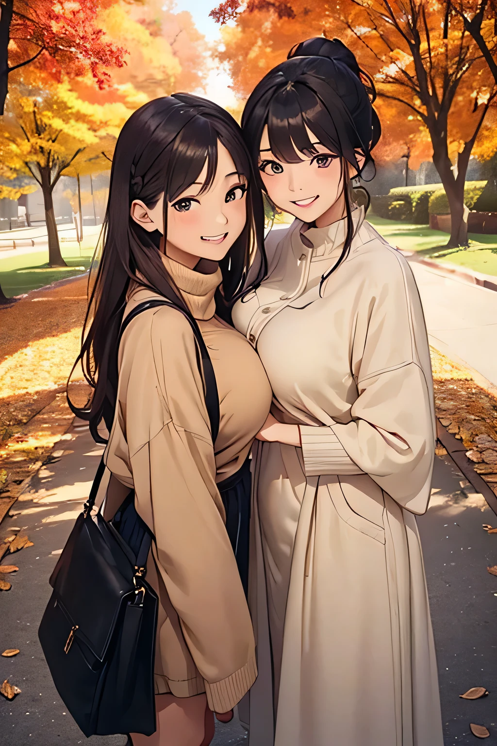 Highest quality、High resolution、Detailed Background、(Beautiful face in every detail:1.4)、Anatomically correct、Detailed facial expressions、Beautiful women in their 20s、(Huge breasts:1.2)、Perfect body line、Light color hair、ponytail、Braided bob cut、Cute hairstyle、well-groomed eyebrows、Cute Eye Makeup、Cute Lip Makeup、Cute gestures、Cowboy Shot、
(Two beautiful women with big smiles:1.5)、
As the cool autumn breeze blows、Pretty woman、Autumn leaves on wood々Standing against the backdrop of、
A soft mid-calf dress、Wearing a beige coat、Boots on your feet、A scarf is wrapped around the neck.、With both hands elegantly placed on the bag、wood々I am looking at the scenery dyed red and yellow.、
The woman's expression is calm and gentle.、It seems to blend into the autumn nature.、
As the sunlight shines softly、Women seem to be enjoying the tranquil atmosphere that is unique to this season to their heart's content.、
There、A woman feeling the comfortable arrival of autumn、An elegant and delicate appearance emerges.、very beautiful