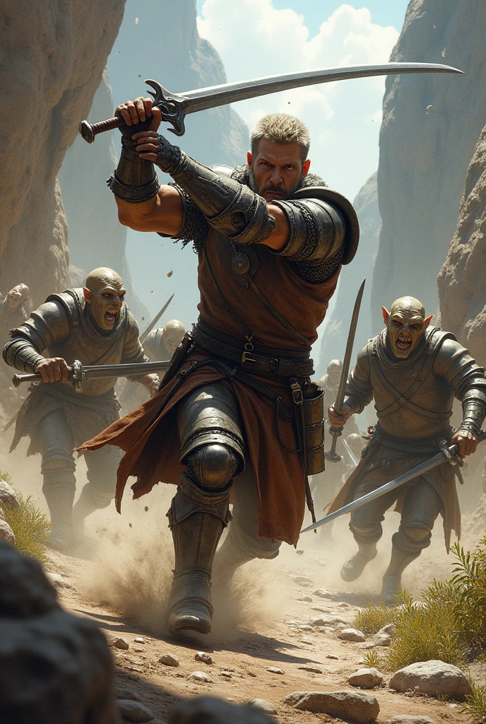 a knight in leather armor with a long sword, with all his fury, kills the 3 goblins, cutting them in half