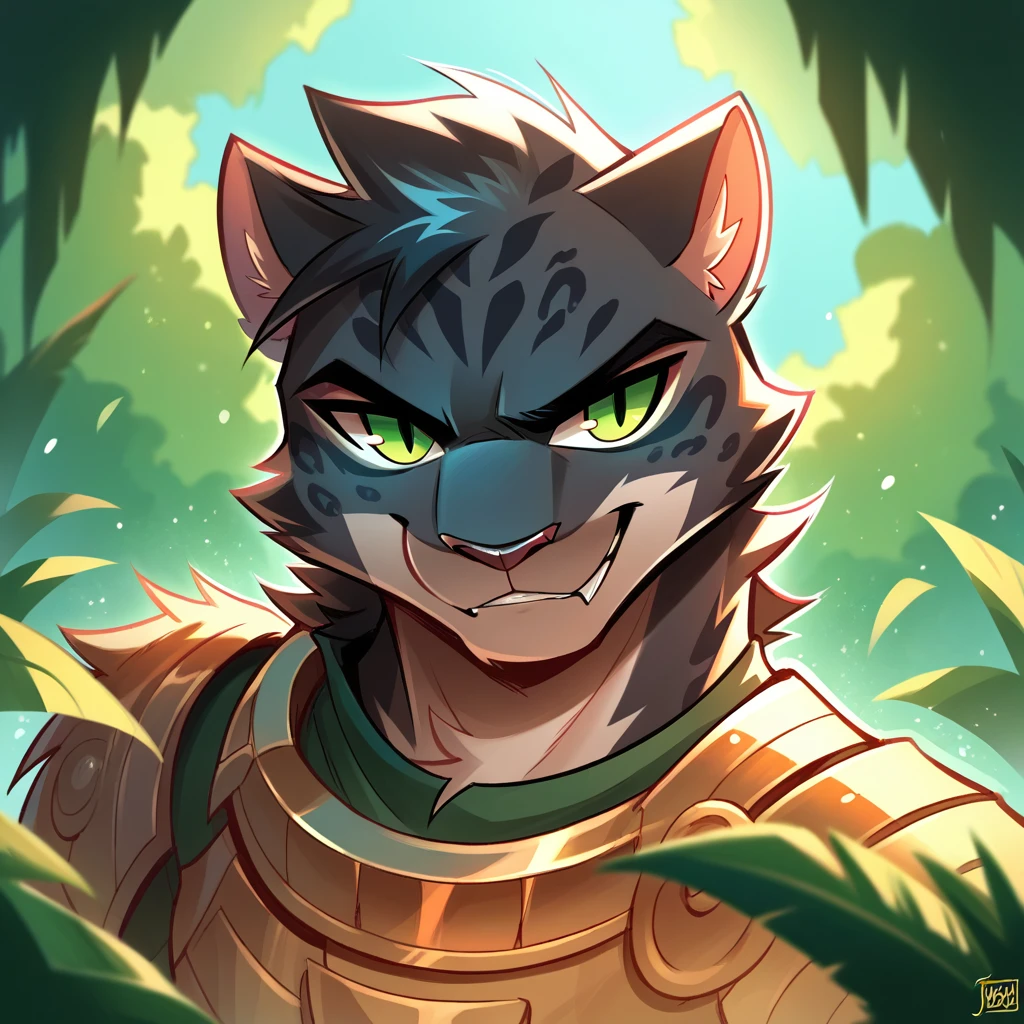 jizoku, score_9, score_8_up, score_7_up, score_6_up, Evil
jaguar with ebony black fur and Jungle Green eyes in demonic armor