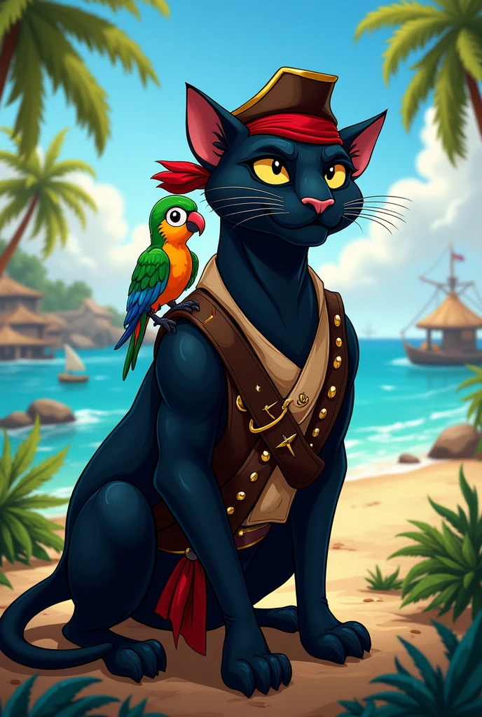 A pirate black panther with a parrot on his shoulder in a Disney-style animation style