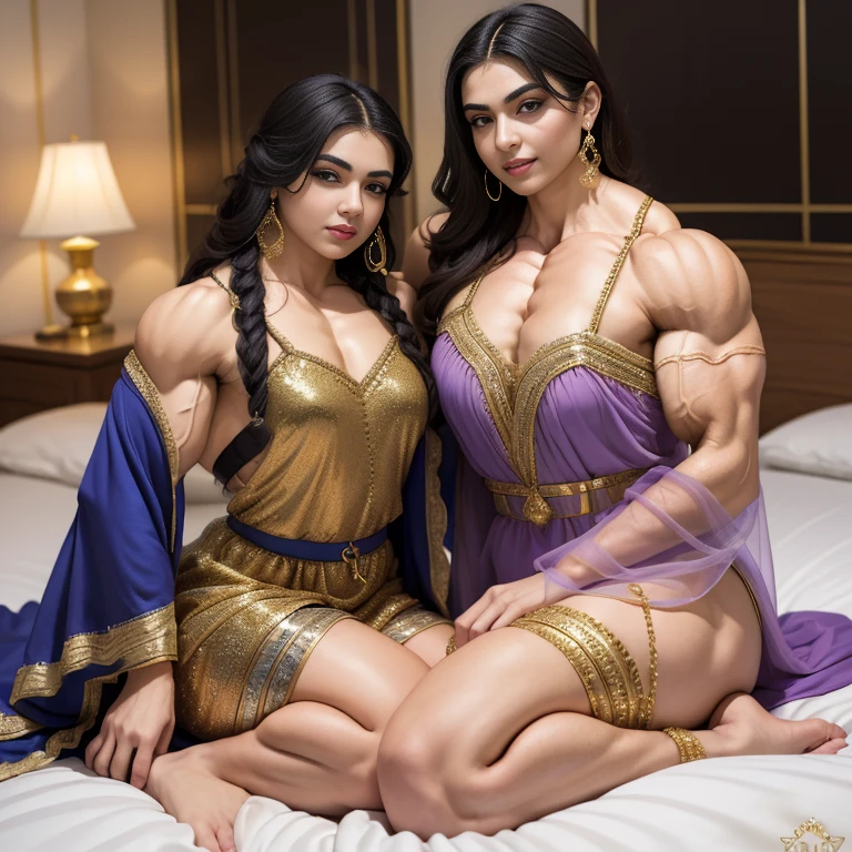 ((((Scheherazade and Dunyazad sit on the bed, One Thousand and One Nights)))), Ancient Persian Palace, dark starry night background, (((2 sisters of female bodybuilder wearing short translucent robe))), cute girls, smile, (((very muscular body, veins, portrait to waist, Face and torso portrait))), real girl, (abnormally developed muscles), ((color Image)), Masterpiece, best quality, high resolution, realistic illumination